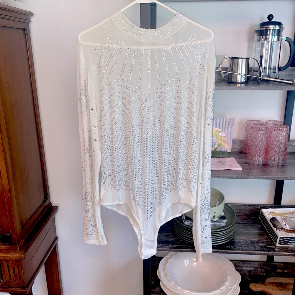 Rhinestone Mesh Bodysuit Longsleeve Zip Up White Silver Imperfect 3X 3XL